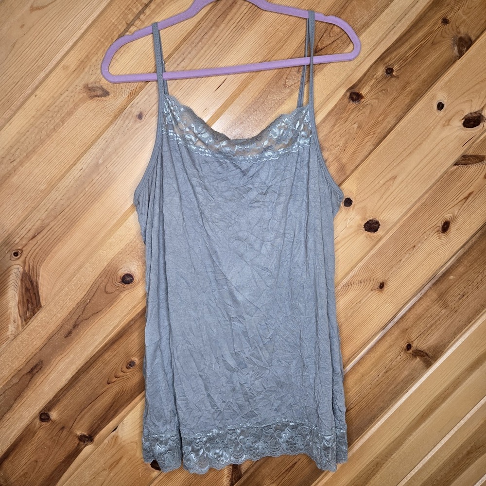 Y2K Coquette Lace‎ Trim Crinkle Cami Tank Top Size 3X Fairycore Gray Grunge